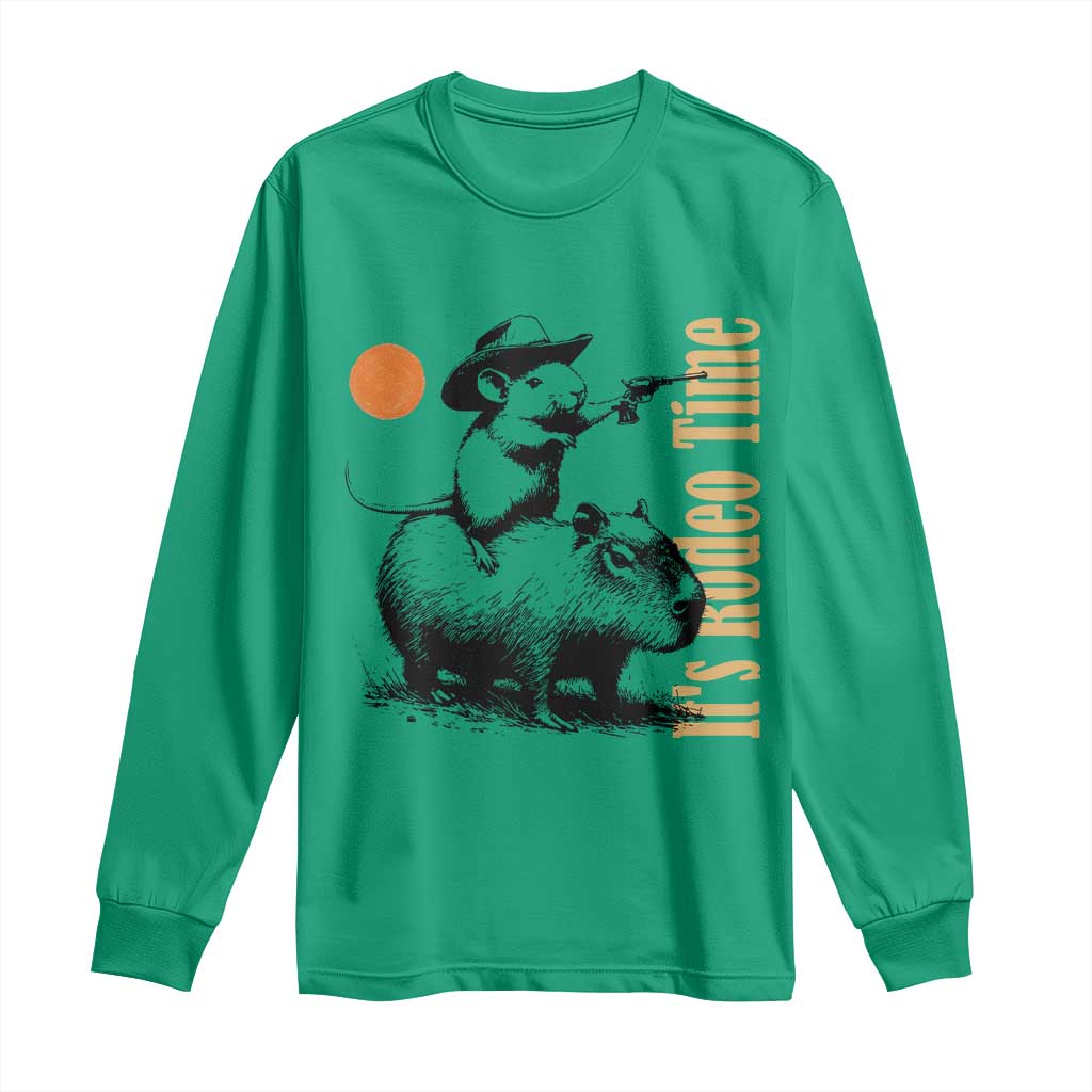 It Is Rodeo Time Long Sleeve Shirt Funny Wild West Mouse Riding Capybara - Wonder Print Shop