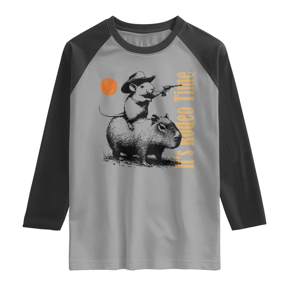 It Is Rodeo Time Raglan Shirt Funny Wild West Mouse Riding Capybara - Wonder Print Shop