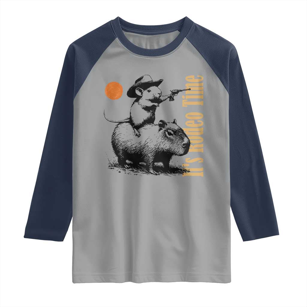It Is Rodeo Time Raglan Shirt Funny Wild West Mouse Riding Capybara - Wonder Print Shop