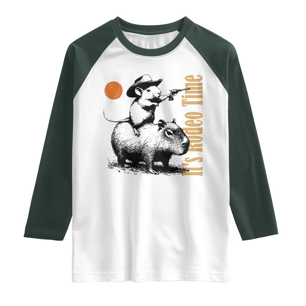 It Is Rodeo Time Raglan Shirt Funny Wild West Mouse Riding Capybara - Wonder Print Shop