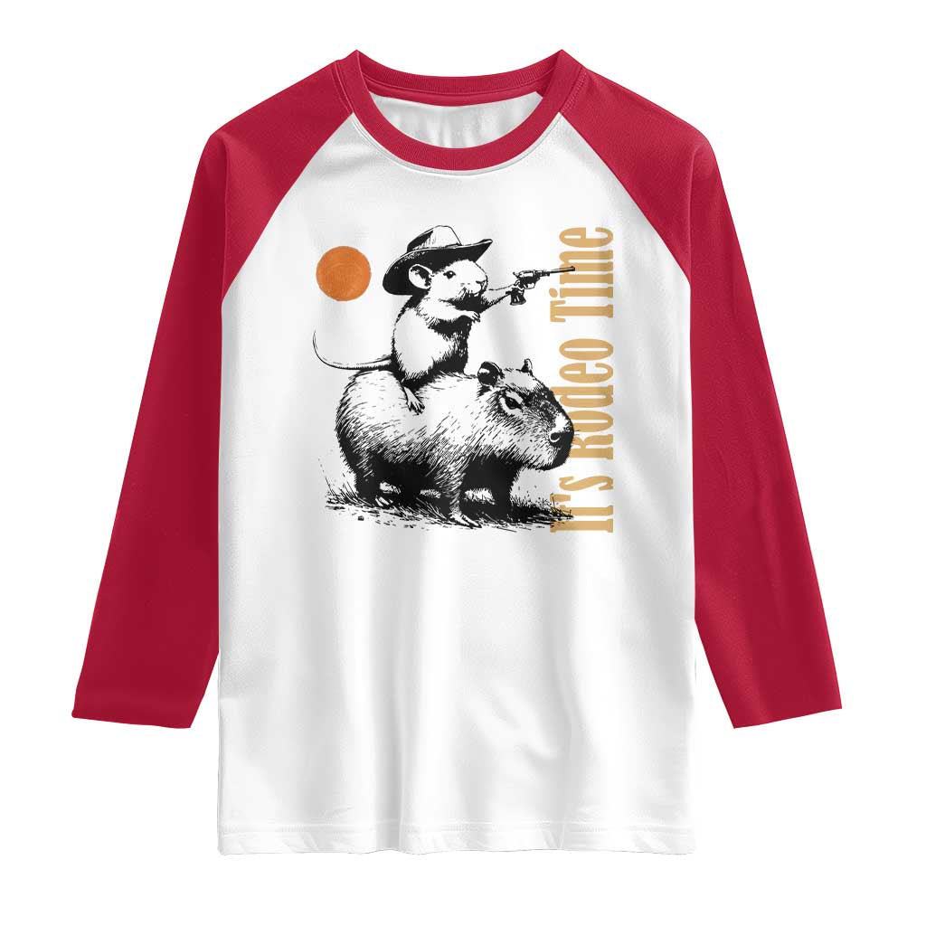 It Is Rodeo Time Raglan Shirt Funny Wild West Mouse Riding Capybara - Wonder Print Shop