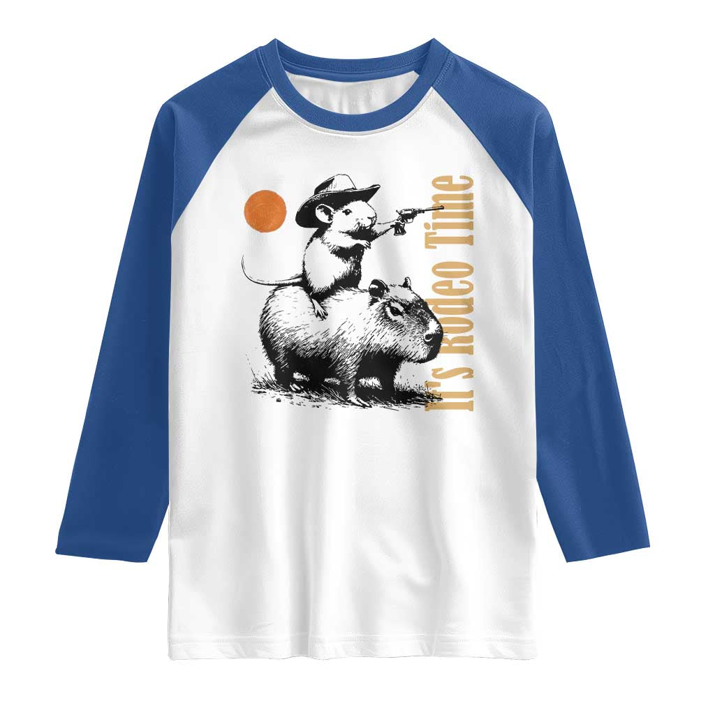 It Is Rodeo Time Raglan Shirt Funny Wild West Mouse Riding Capybara - Wonder Print Shop