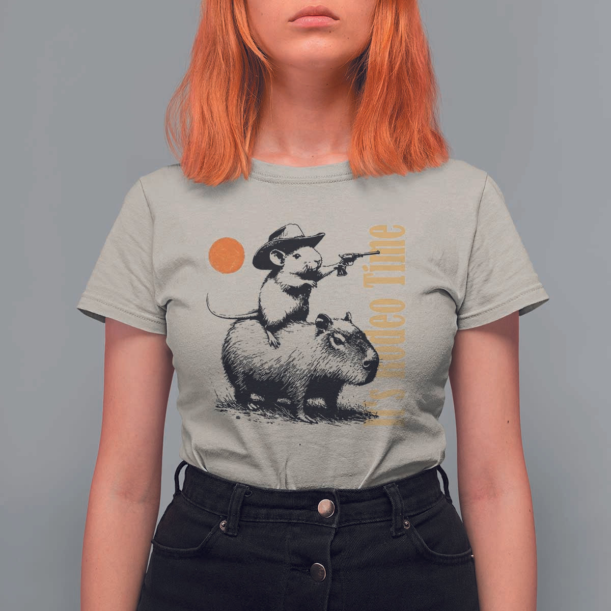 It Is Rodeo Time T Shirt For Women Funny Wild West Mouse Riding Capybara - Wonder Print Shop