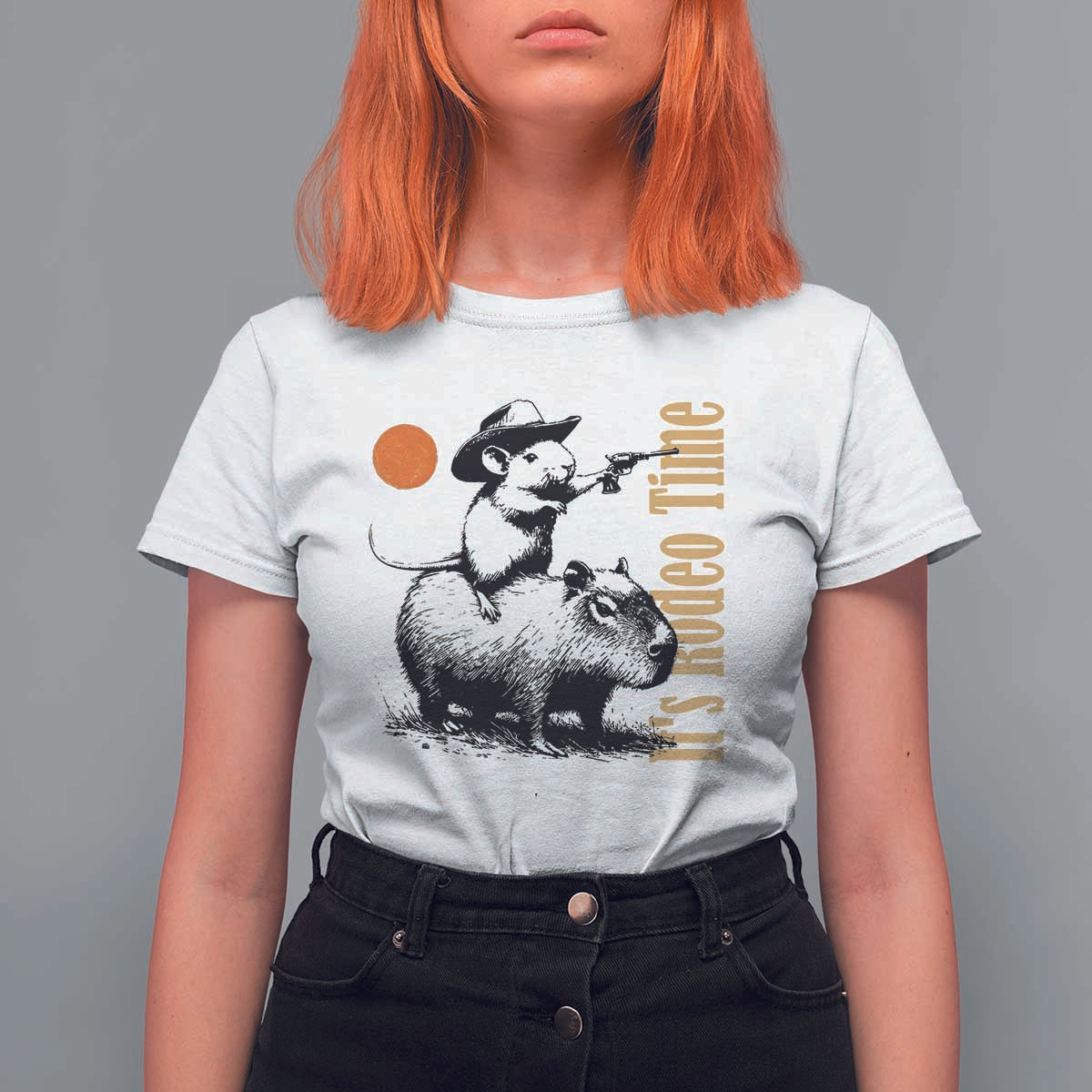 It Is Rodeo Time T Shirt For Women Funny Wild West Mouse Riding Capybara - Wonder Print Shop