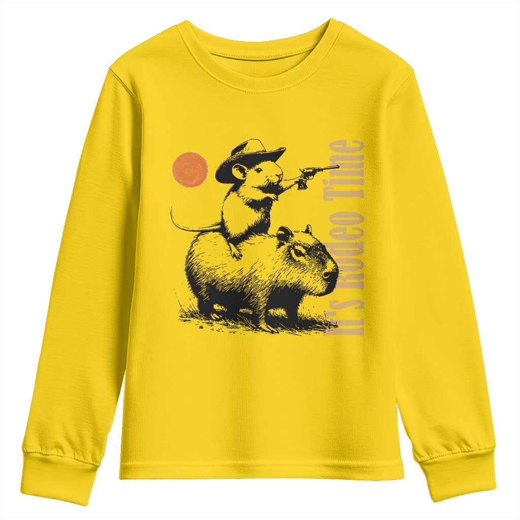 It Is Rodeo Time Youth Sweatshirt Funny Wild West Mouse Riding Capybara - Wonder Print Shop