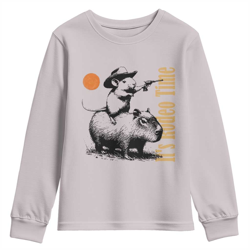 It Is Rodeo Time Youth Sweatshirt Funny Wild West Mouse Riding Capybara - Wonder Print Shop