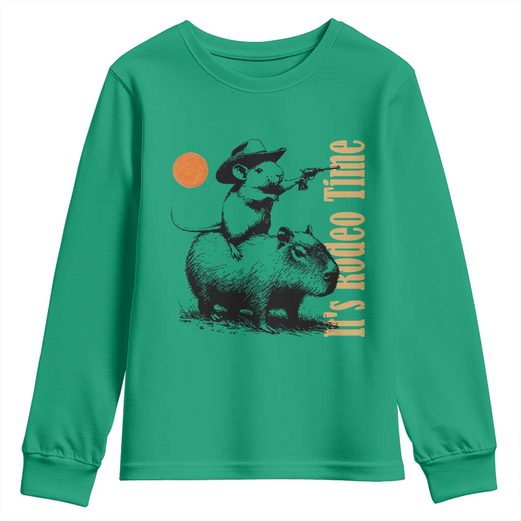 It Is Rodeo Time Youth Sweatshirt Funny Wild West Mouse Riding Capybara - Wonder Print Shop