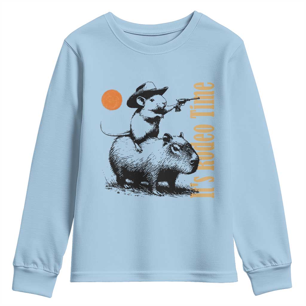 It Is Rodeo Time Youth Sweatshirt Funny Wild West Mouse Riding Capybara - Wonder Print Shop