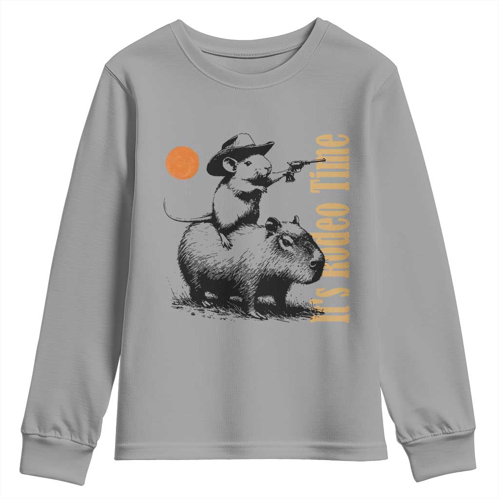 It Is Rodeo Time Youth Sweatshirt Funny Wild West Mouse Riding Capybara - Wonder Print Shop