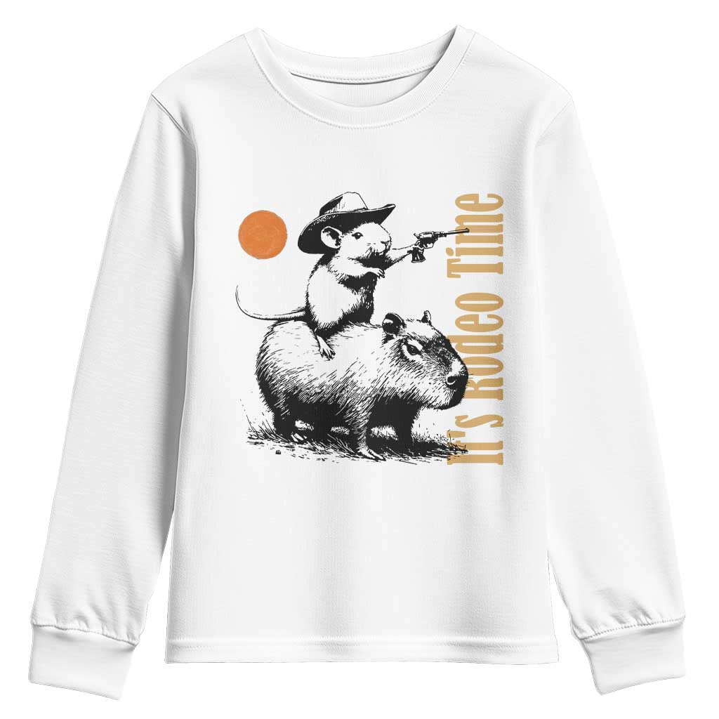 It Is Rodeo Time Youth Sweatshirt Funny Wild West Mouse Riding Capybara - Wonder Print Shop
