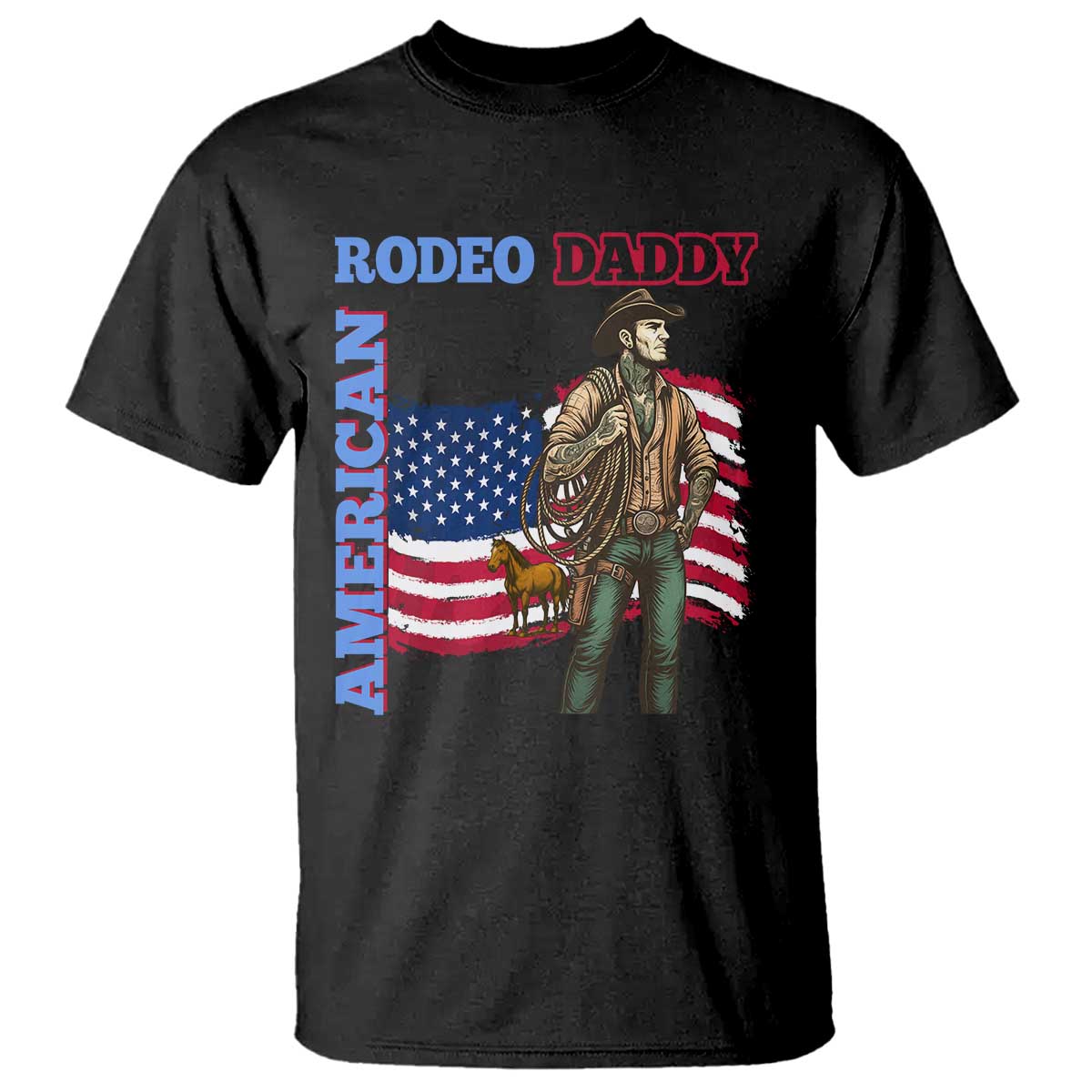 Patriotic Cowboy T Shirt American Rodeo Daddy USA Rodeo Art - Wonder Print Shop