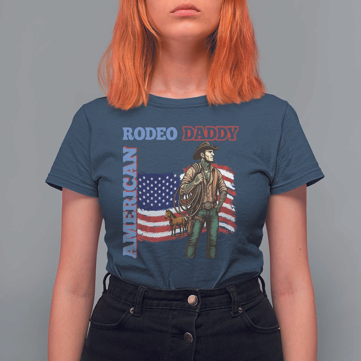 Patriotic Cowboy T Shirt For Women American Rodeo Daddy USA Rodeo Art - Wonder Print Shop