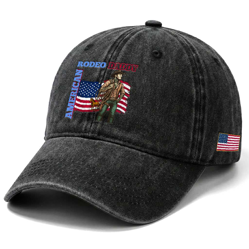 Patriotic Cowboy Washed Cotton Baseball Cap American Rodeo Daddy USA Rodeo Art