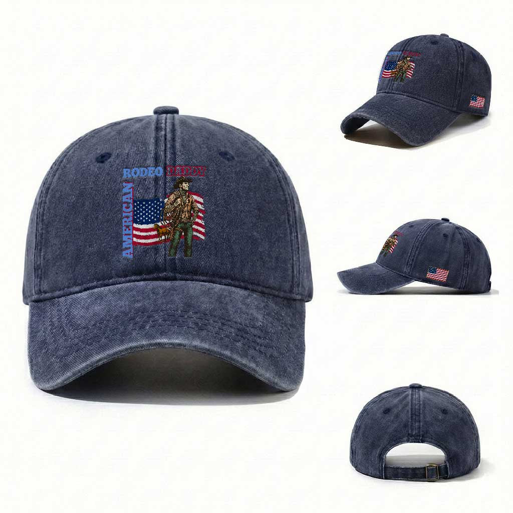 Patriotic Cowboy Washed Cotton Baseball Cap American Rodeo Daddy USA Rodeo Art