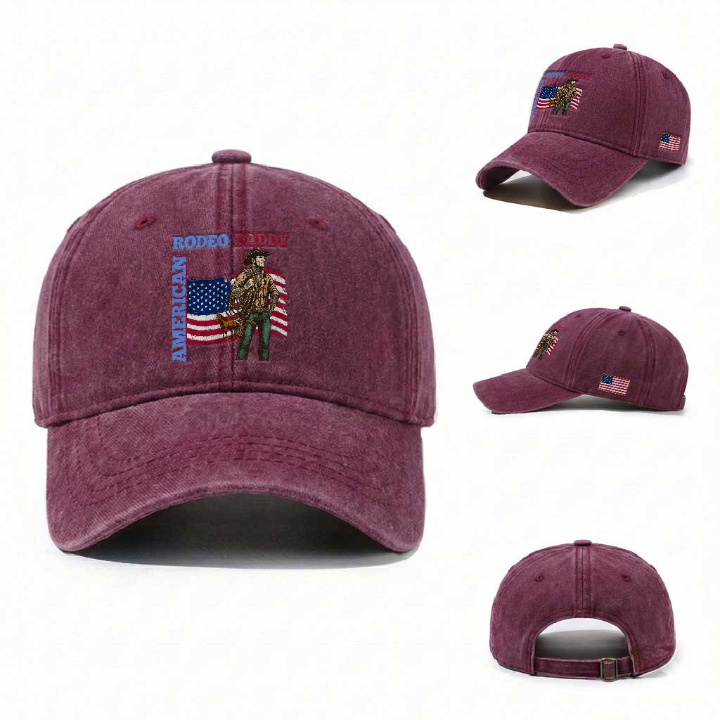 Patriotic Cowboy Washed Cotton Baseball Cap American Rodeo Daddy USA Rodeo Art
