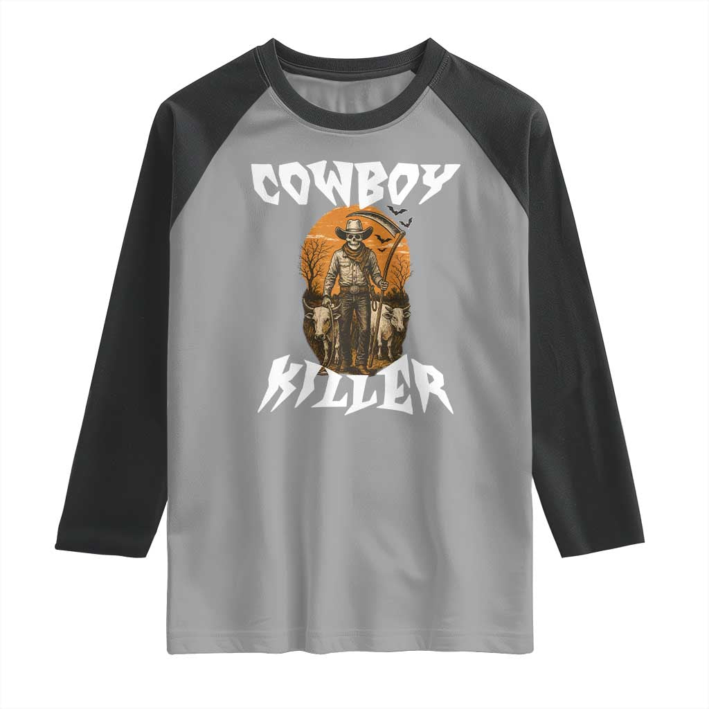 Cowboy Killer Halloween Skeleton Raglan Shirt Gothic Western Art - Wonder Print Shop