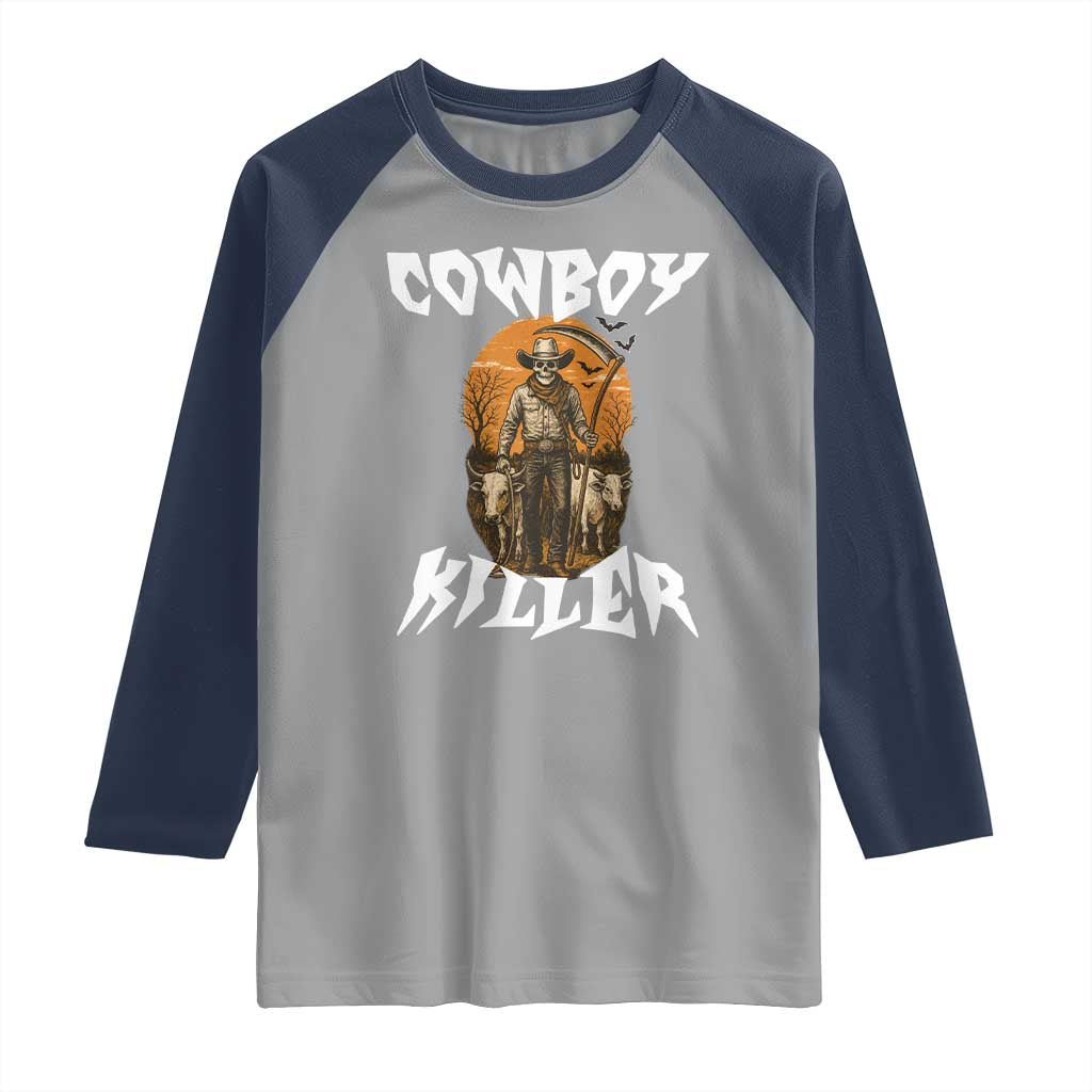 Cowboy Killer Halloween Skeleton Raglan Shirt Gothic Western Art - Wonder Print Shop