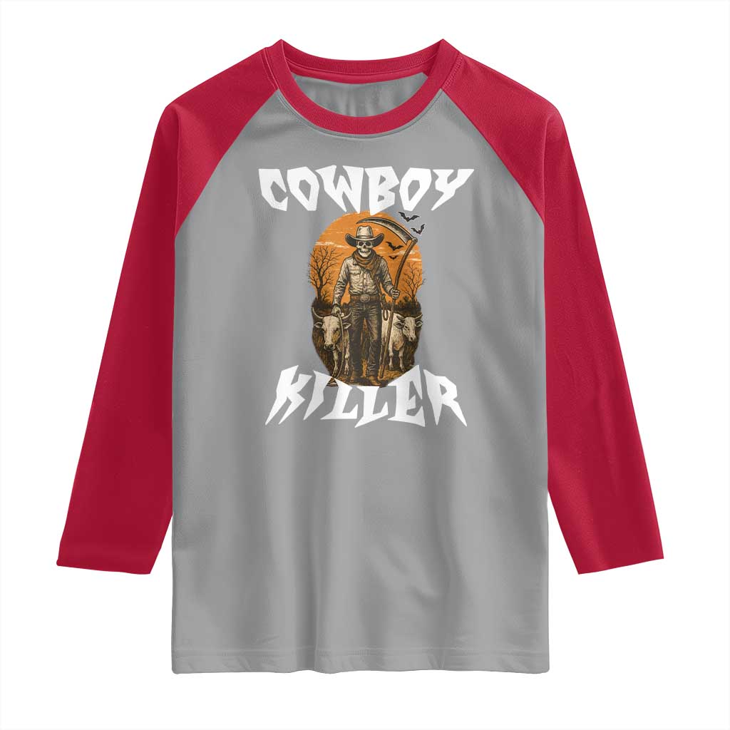 Cowboy Killer Halloween Skeleton Raglan Shirt Gothic Western Art - Wonder Print Shop