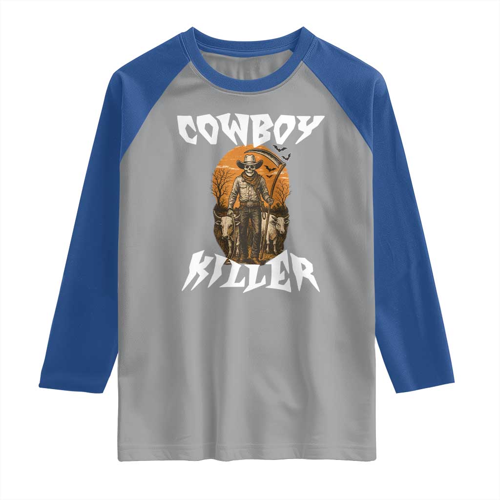 Cowboy Killer Halloween Skeleton Raglan Shirt Gothic Western Art - Wonder Print Shop