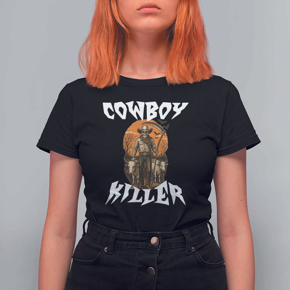 Cowboy Killer Halloween Skeleton T Shirt For Women Gothic Western Art - Wonder Print Shop