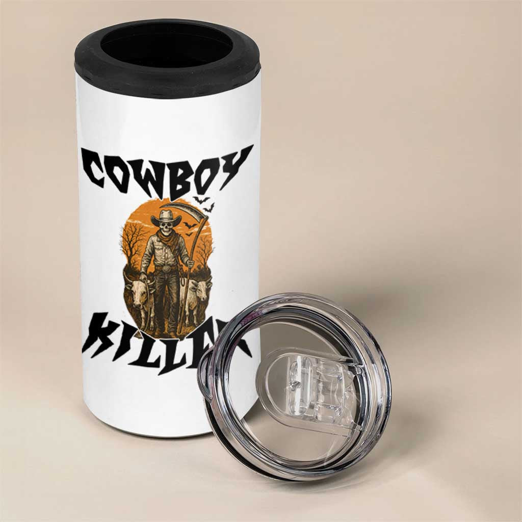 Halloween Skeleton 4 in 1 Can Cooler Tumbler Cowboy Killer Spooky Western Horror Design