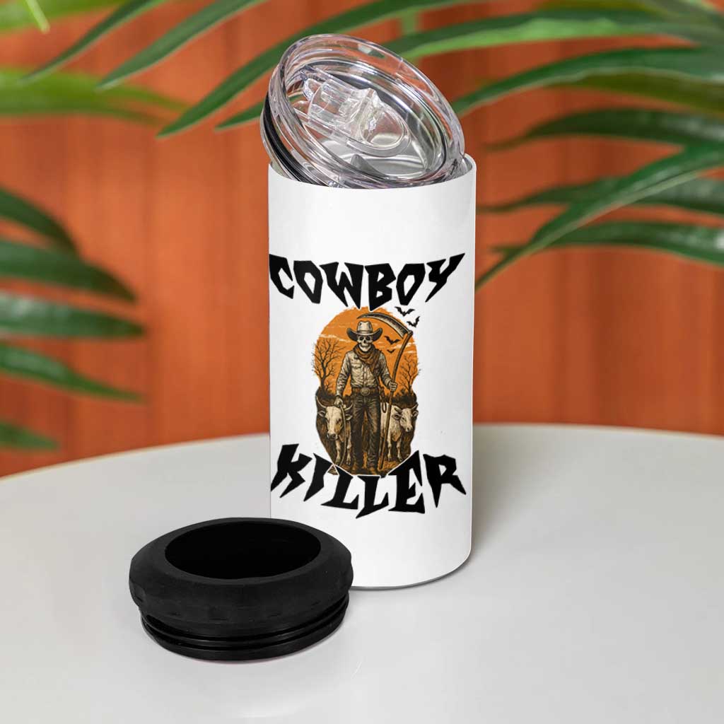 Halloween Skeleton 4 in 1 Can Cooler Tumbler Cowboy Killer Spooky Western Horror Design