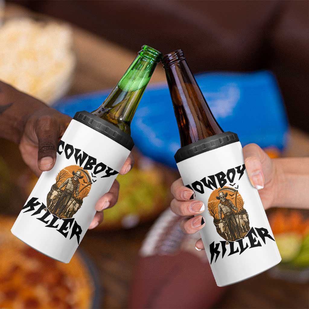 Halloween Skeleton 4 in 1 Can Cooler Tumbler Cowboy Killer Spooky Western Horror Design