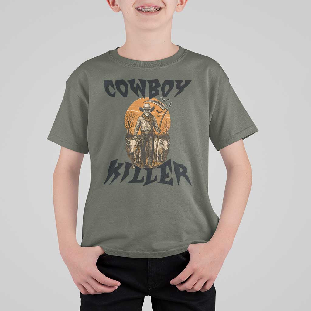 Halloween Skeleton T Shirt For Kid Cowboy Killer Spooky Western Horror Design - Wonder Print Shop