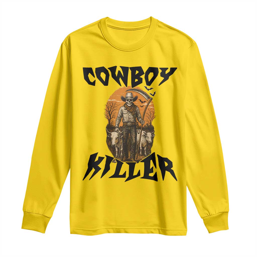 Halloween Skeleton Long Sleeve Shirt Cowboy Killer Spooky Western Horror Design - Wonder Print Shop
