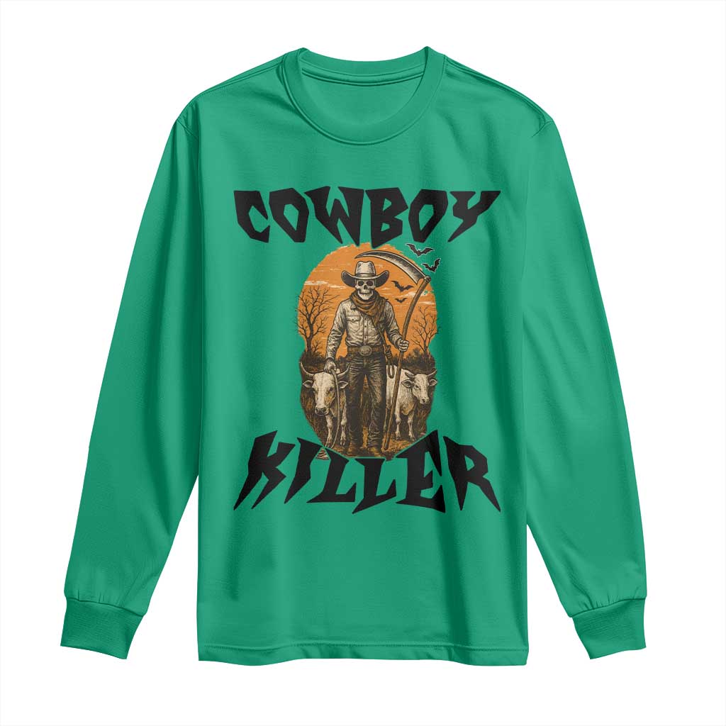 Halloween Skeleton Long Sleeve Shirt Cowboy Killer Spooky Western Horror Design - Wonder Print Shop