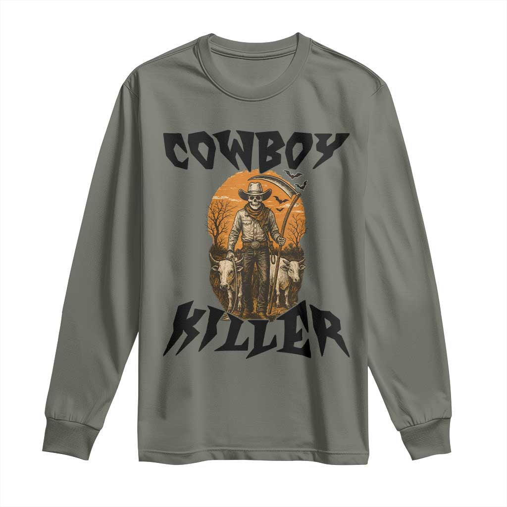 Halloween Skeleton Long Sleeve Shirt Cowboy Killer Spooky Western Horror Design - Wonder Print Shop