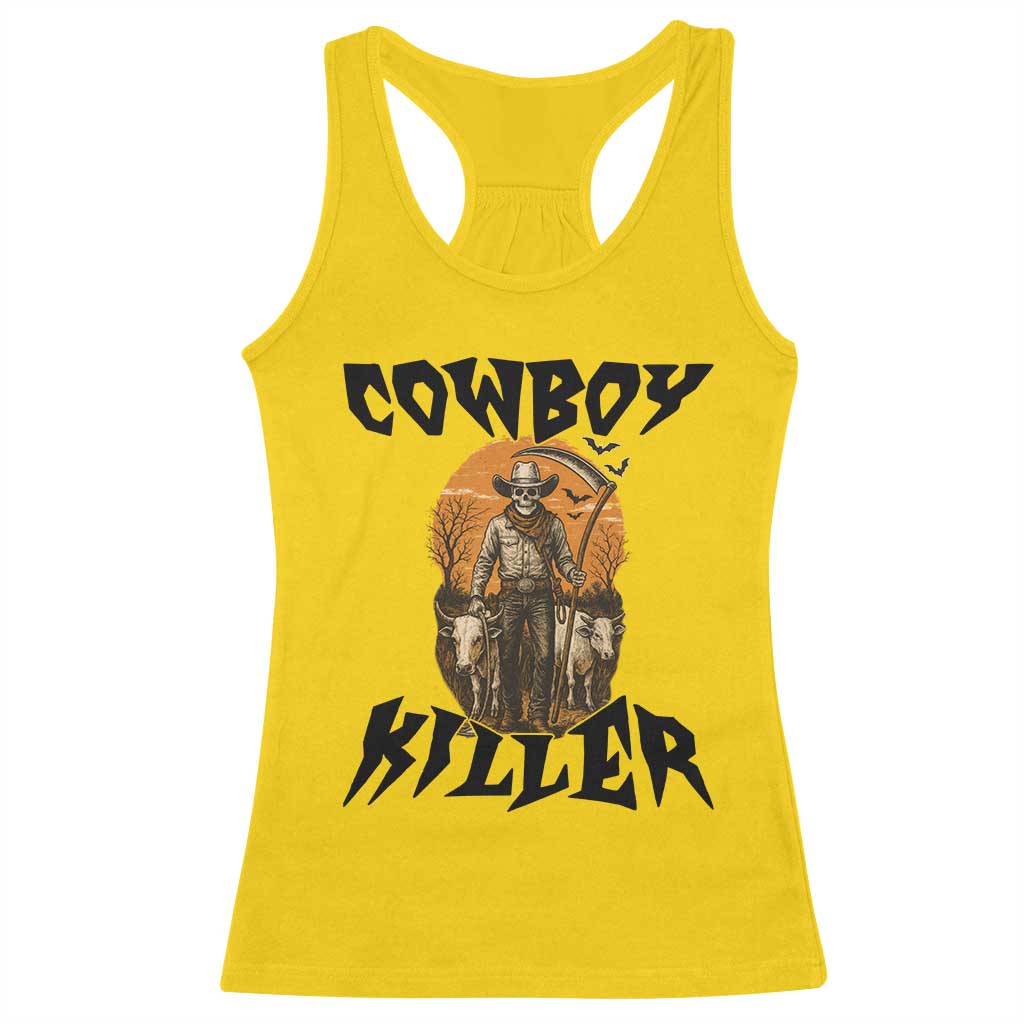 Halloween Skeleton Racerback Tank Top Cowboy Killer Spooky Western Horror Design - Wonder Print Shop