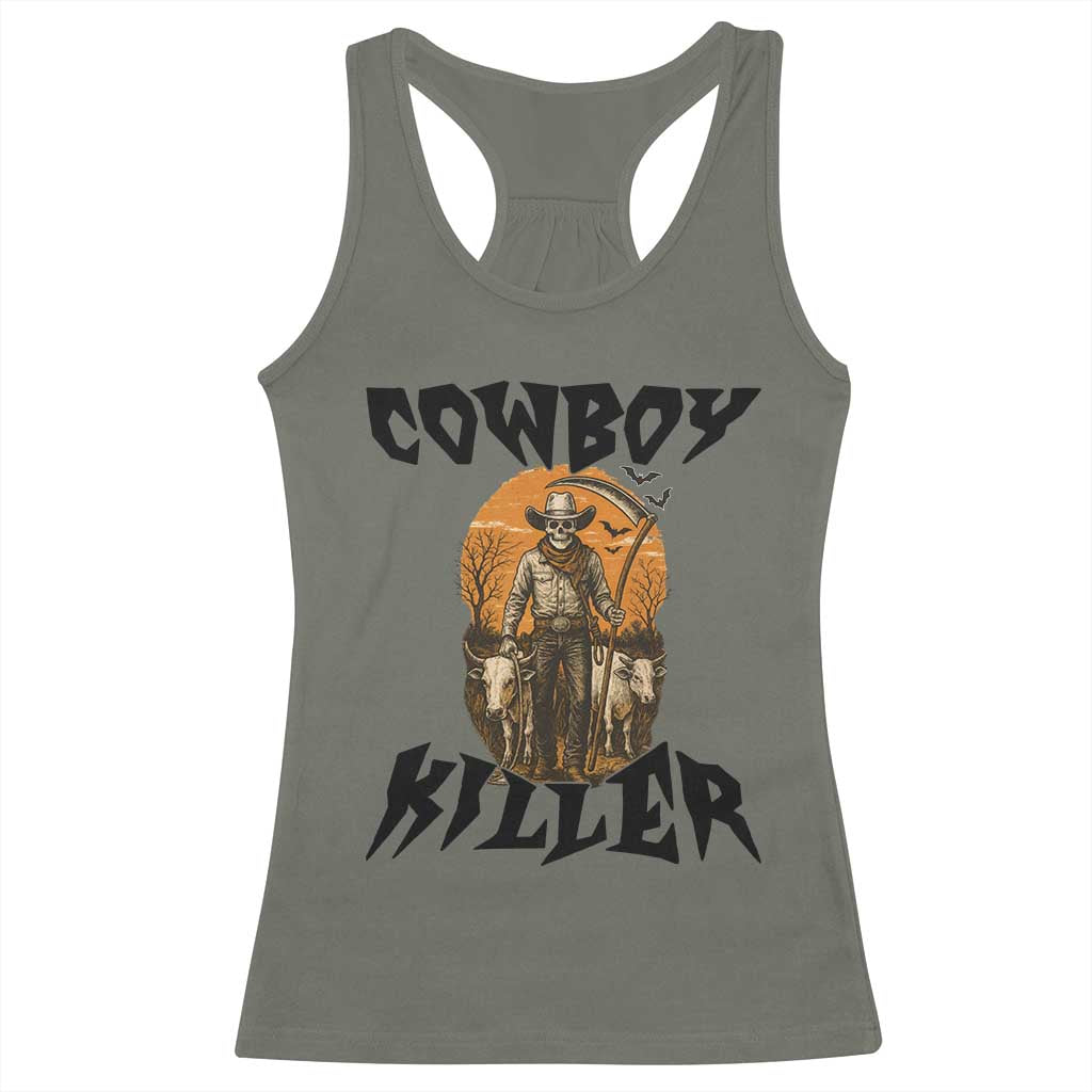 Halloween Skeleton Racerback Tank Top Cowboy Killer Spooky Western Horror Design - Wonder Print Shop