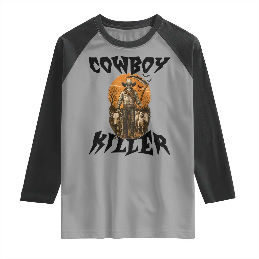 Halloween Skeleton Raglan Shirt Cowboy Killer Spooky Western Horror Design - Wonder Print Shop