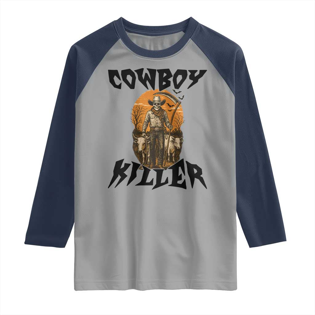 Halloween Skeleton Raglan Shirt Cowboy Killer Spooky Western Horror Design - Wonder Print Shop