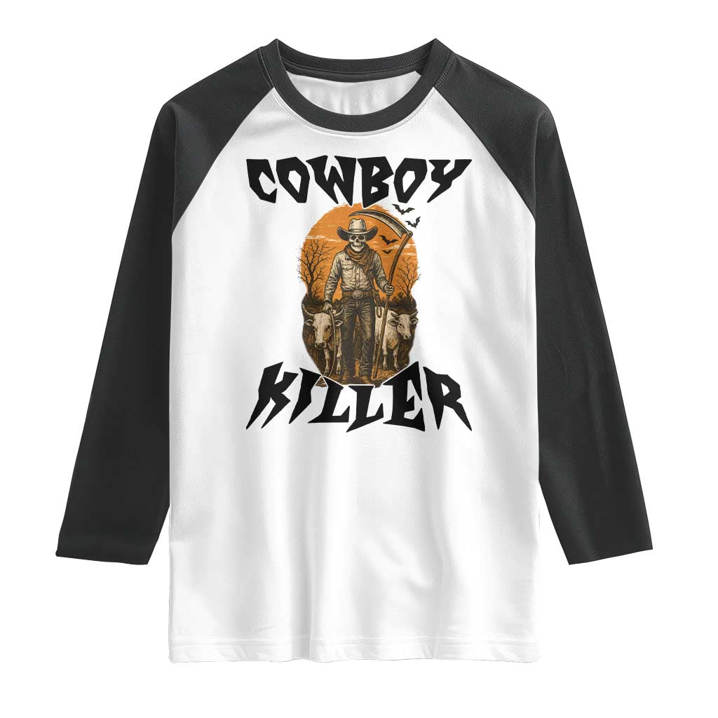 Halloween Skeleton Raglan Shirt Cowboy Killer Spooky Western Horror Design - Wonder Print Shop