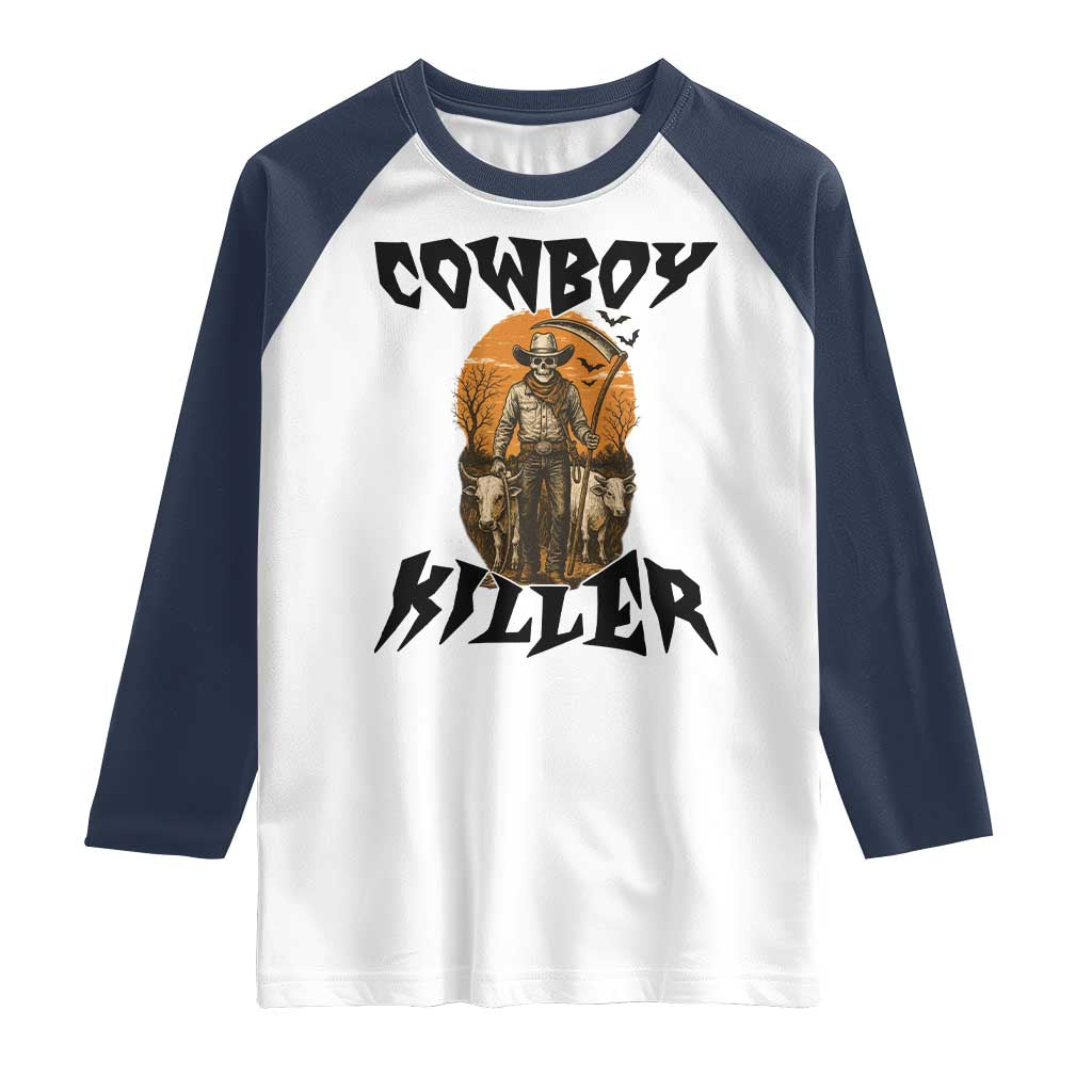 Halloween Skeleton Raglan Shirt Cowboy Killer Spooky Western Horror Design - Wonder Print Shop
