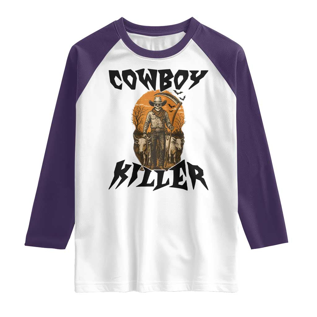 Halloween Skeleton Raglan Shirt Cowboy Killer Spooky Western Horror Design - Wonder Print Shop