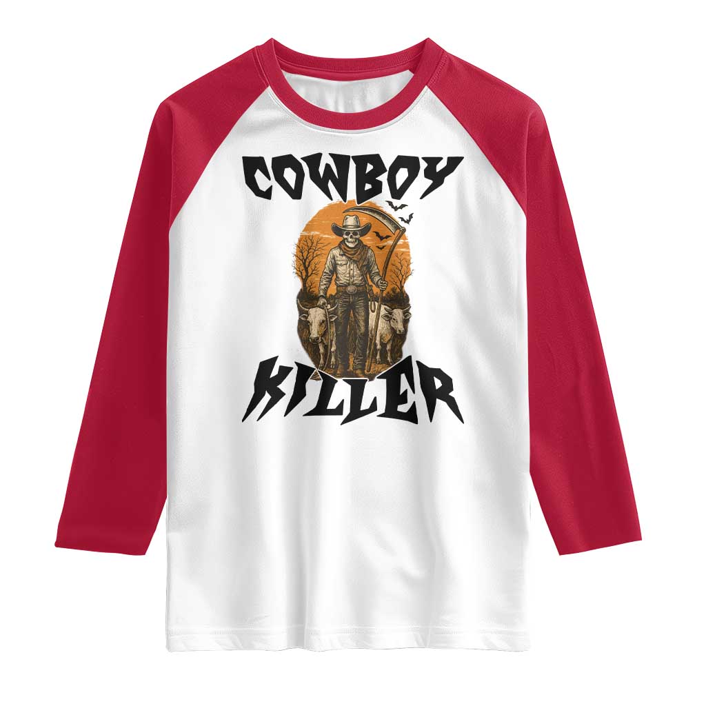 Halloween Skeleton Raglan Shirt Cowboy Killer Spooky Western Horror Design - Wonder Print Shop