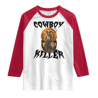 Halloween Skeleton Raglan Shirt Cowboy Killer Spooky Western Horror Design - Wonder Print Shop