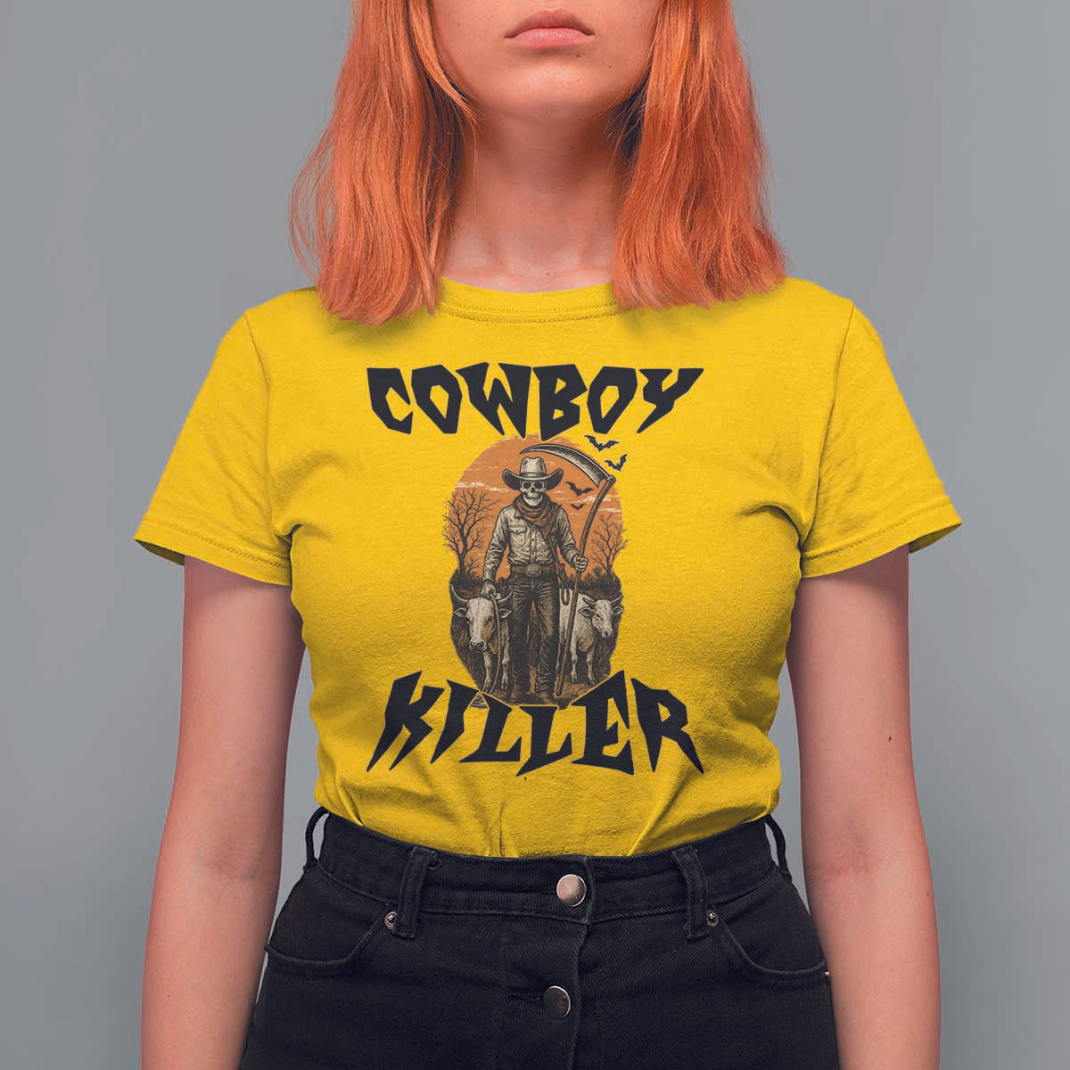 Halloween Skeleton T Shirt For Women Cowboy Killer Spooky Western Horror Design - Wonder Print Shop