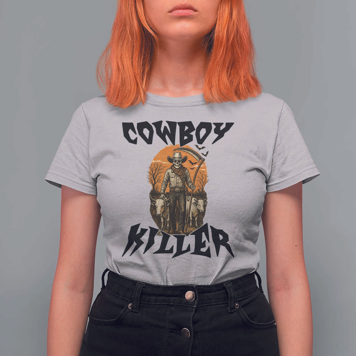 Halloween Skeleton T Shirt For Women Cowboy Killer Spooky Western Horror Design - Wonder Print Shop