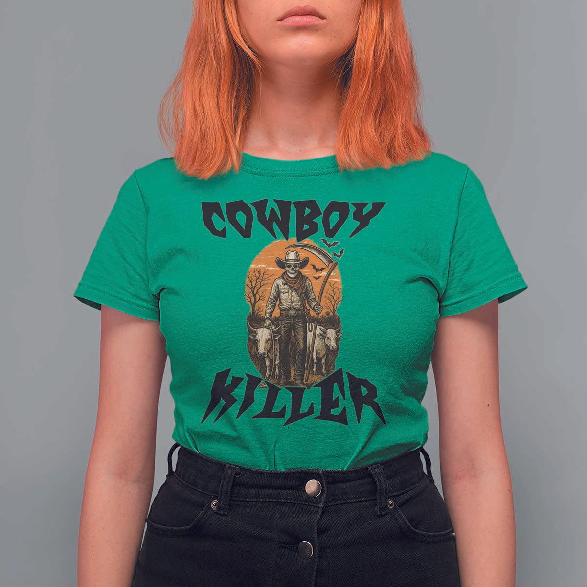 Halloween Skeleton T Shirt For Women Cowboy Killer Spooky Western Horror Design - Wonder Print Shop