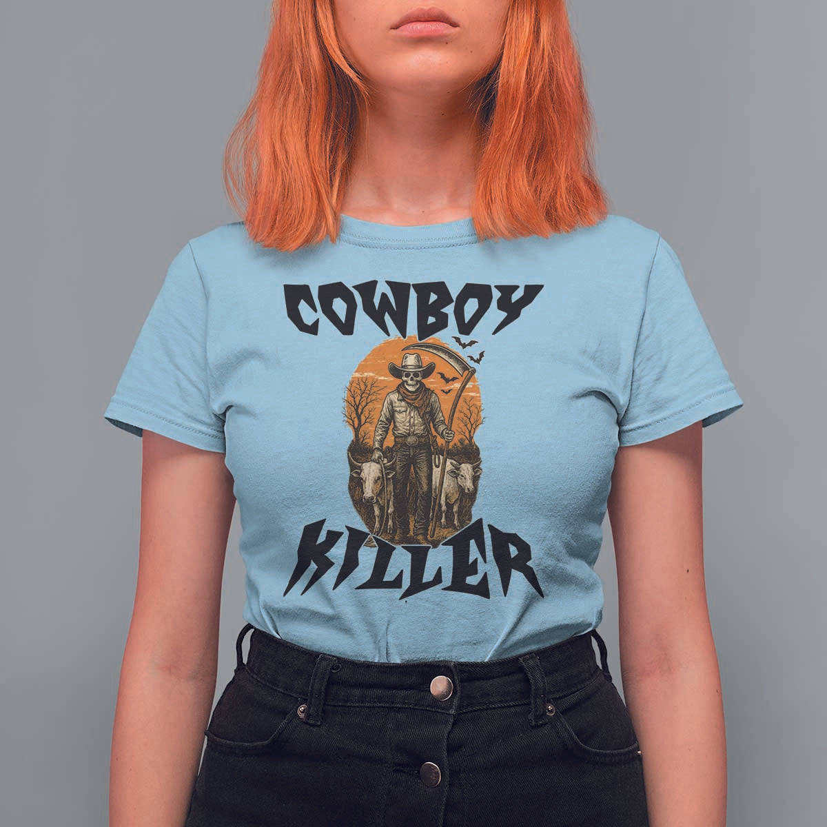 Halloween Skeleton T Shirt For Women Cowboy Killer Spooky Western Horror Design - Wonder Print Shop