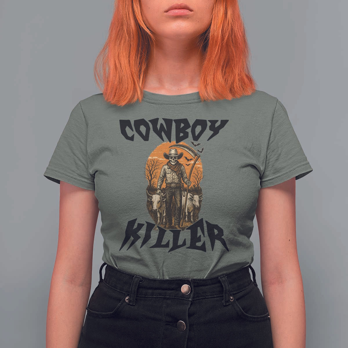 Halloween Skeleton T Shirt For Women Cowboy Killer Spooky Western Horror Design - Wonder Print Shop