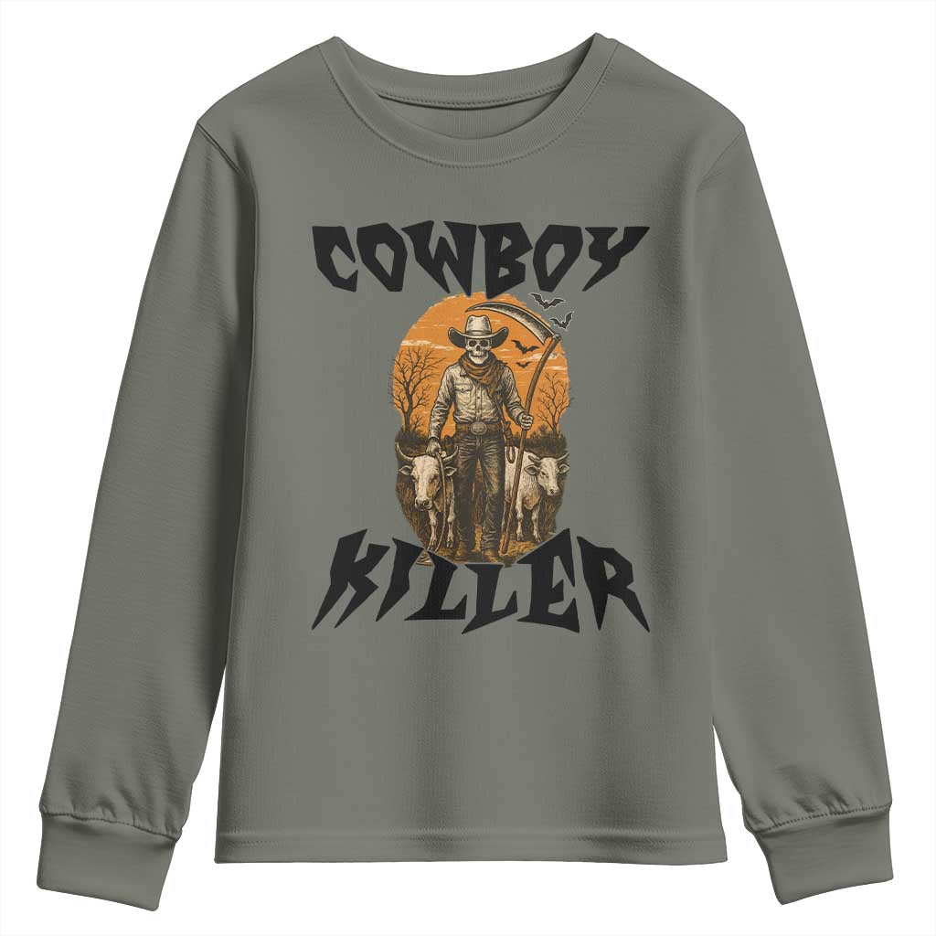 Halloween Skeleton Youth Sweatshirt Cowboy Killer Spooky Western Horror Design - Wonder Print Shop