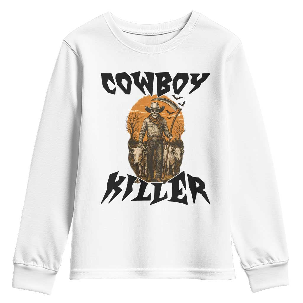 Halloween Skeleton Youth Sweatshirt Cowboy Killer Spooky Western Horror Design - Wonder Print Shop
