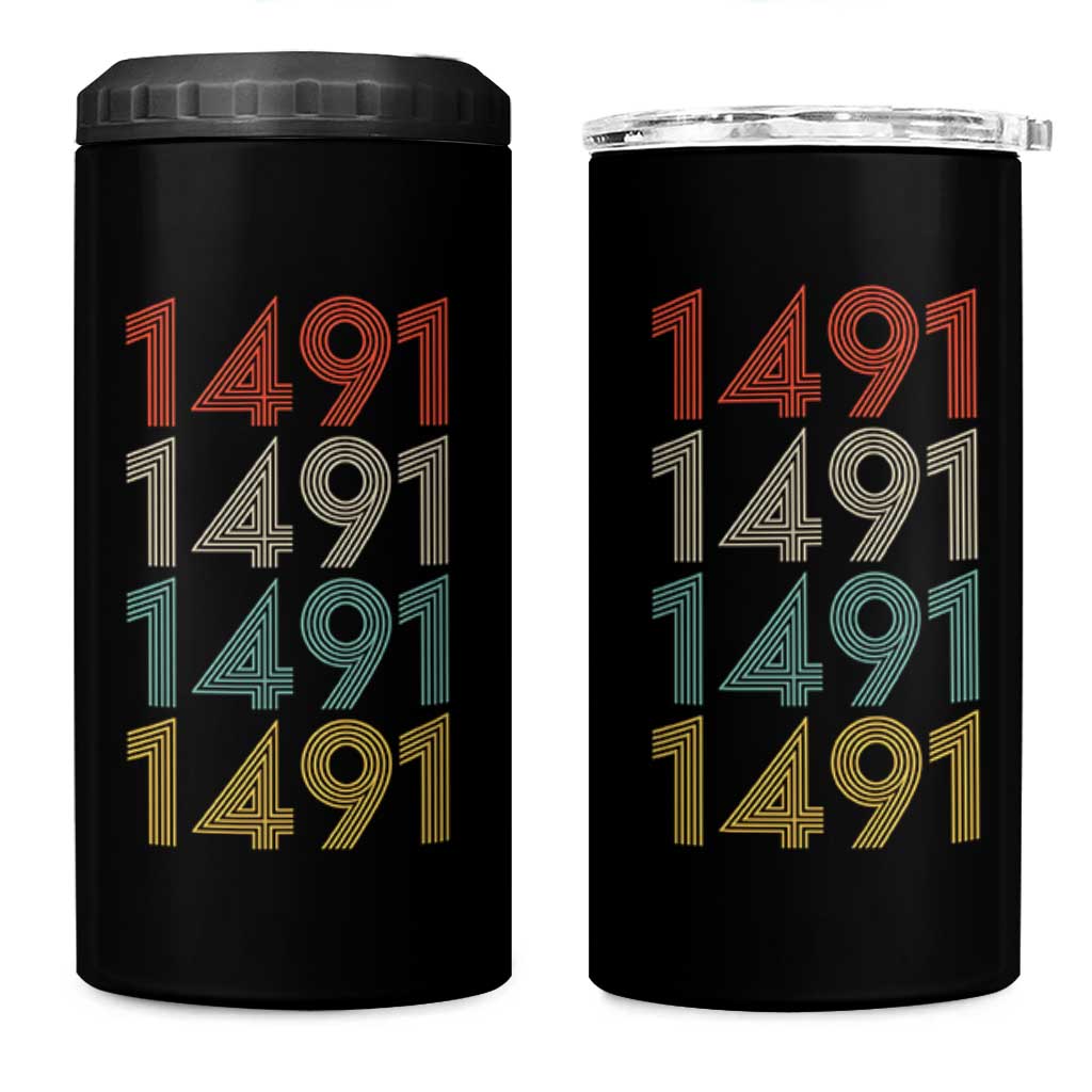 1491 Vintage Retro Striped Multicolor Number Graphic 4 in 1 Can Cooler Tumbler
