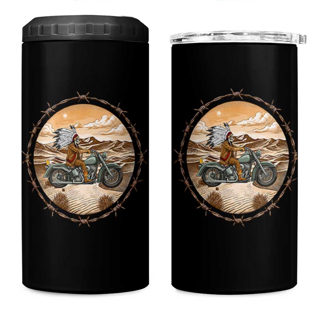 Native American Biker Gift 4 in 1 Can Cooler Tumbler Skull Motorcycle Rider