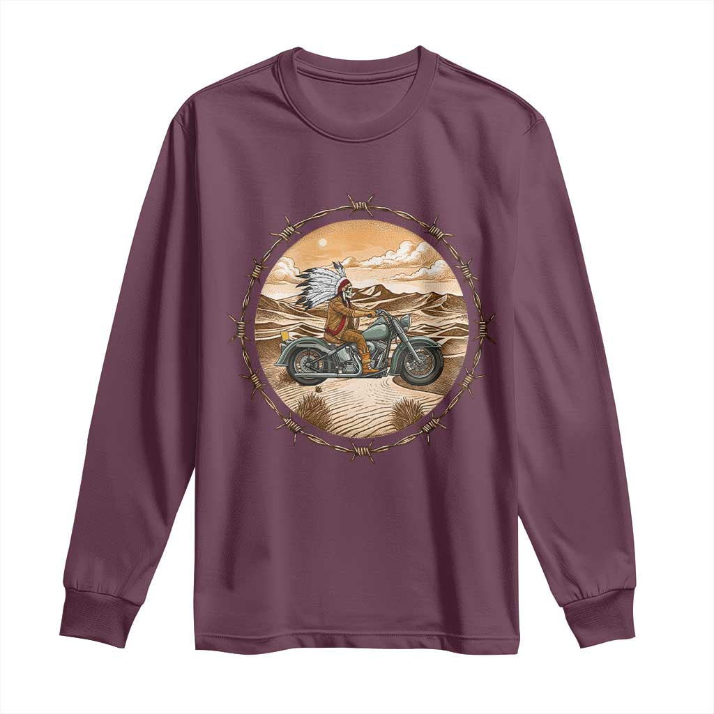 Native American Biker Gift Long Sleeve Shirt Skull Motorcycle Rider